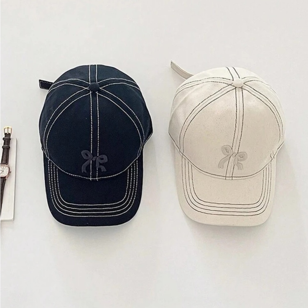 Adjustable Black + Cream Embroidered Bowknot Baseball Cap OS New